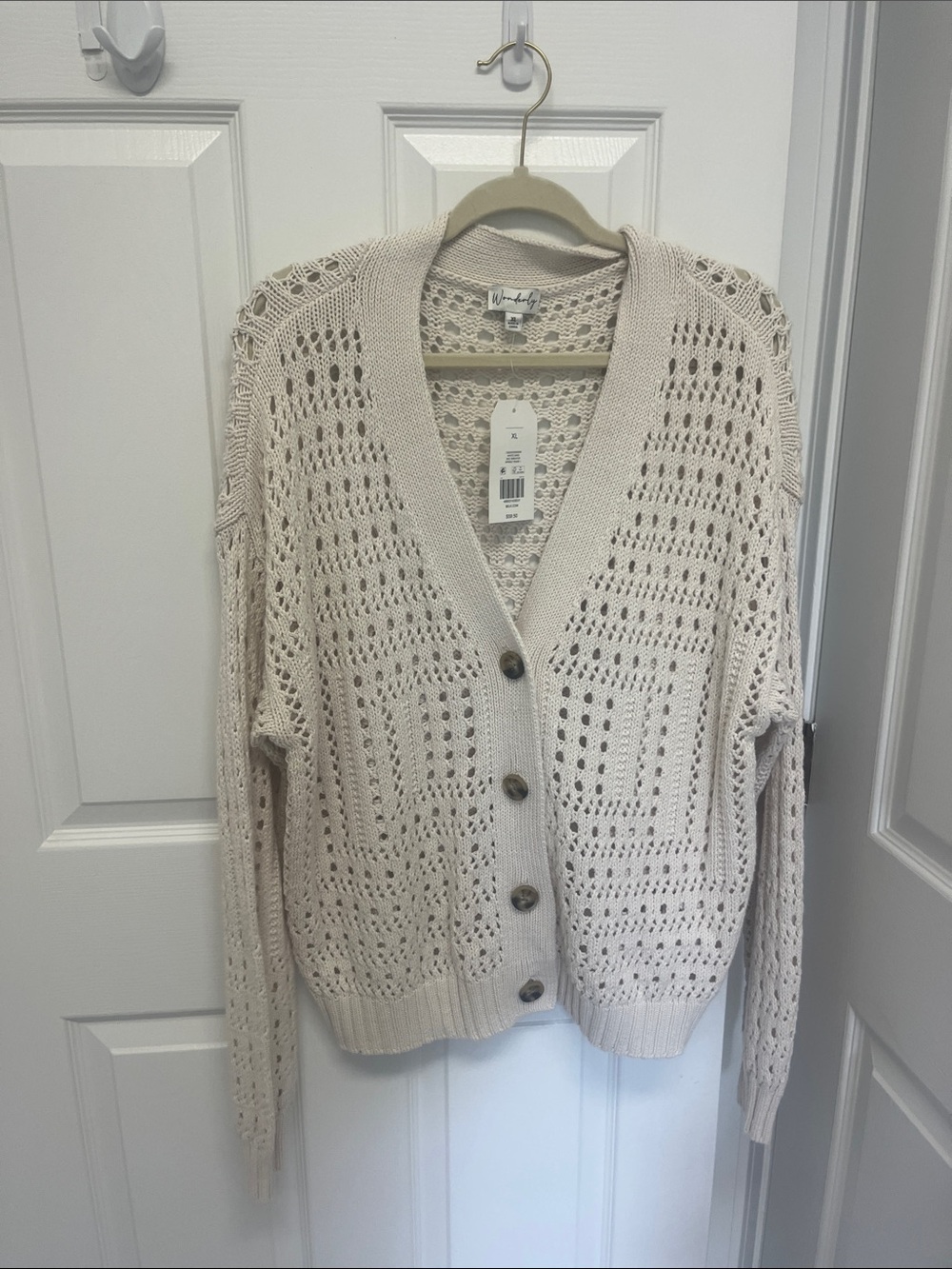 Wonderly Open-Knit Button-Front Cardigan in Light Beige